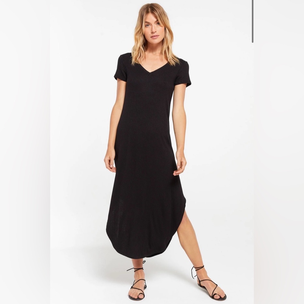 Z Supply Reverie Rib Knit Maxi Dress V-neck Short Sleeve Size Medium Black